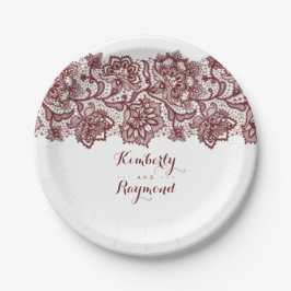 Prato De Papel Casamento Elegante de Lace Vermelho Burgundy