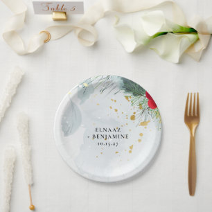 Prato De Papel Casamento Elegante de Natal e Inverno com Aquarela