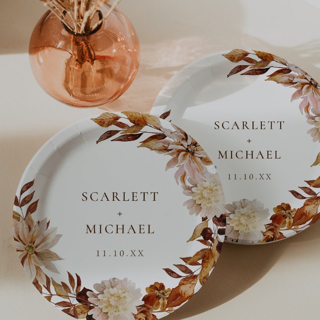 Prato De Papel Casamento Elegante de Outono (Elegant Fall Watercolor Floral Wedding Paper Plates by Painted Paperie)