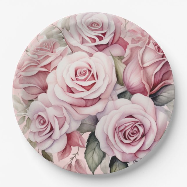 Prato De Papel Casamento Elegante de Rosas Rosa (Frente)