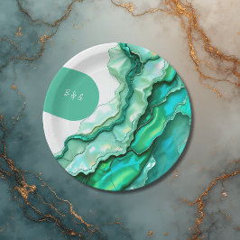 Prato De Papel Casamento Elegante de Teal Marble Watercolor