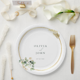 Prato De Papel Casamento Elegante Dourado Eucalipto Verde