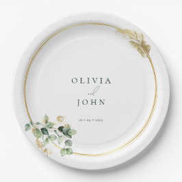Prato De Papel Casamento Elegante Dourado Eucalipto Verde