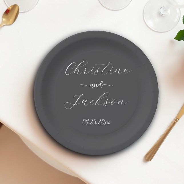Prato De Papel Casamento Elegante Escrito Cinza Escuro (Criador carregado)