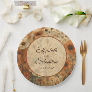 Prato De Papel Casamento Elegante Floral Boho Aquarela Sienna