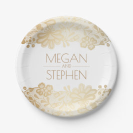 Prato De Papel Casamento Elegante Floral Dourado e Branco