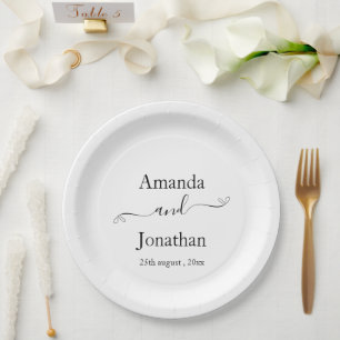 Prato De Papel Casamento Elegante Minimalista Negro e Branco
