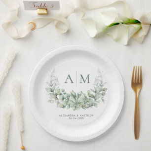 Prato De Papel Casamento Elegante Monograma Eucalyptus Greenery