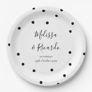 Prato De Papel Casamento Elegante Preto e Branco com Bolinhas