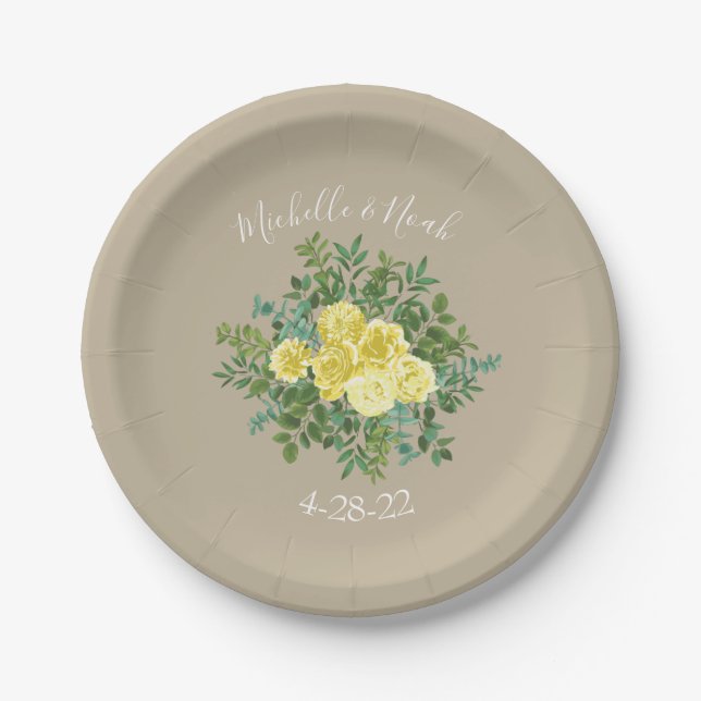Prato De Papel Casamento Elegante Rosa de Vintage Amarelo (Frente)
