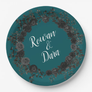 Prato De Papel Casamento Elegante Rosa Gótico de Teal Negro