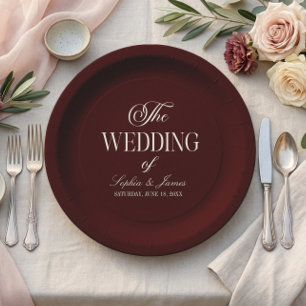 Prato De Papel Casamento Elegante Vintage Marfim Burgundy Escuro