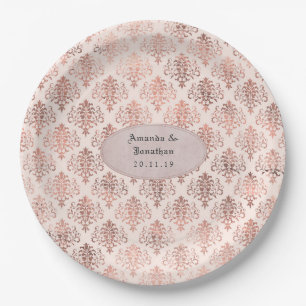 Prato De Papel Casamento em Dourado Rosa e Rosa Bege com Damask F