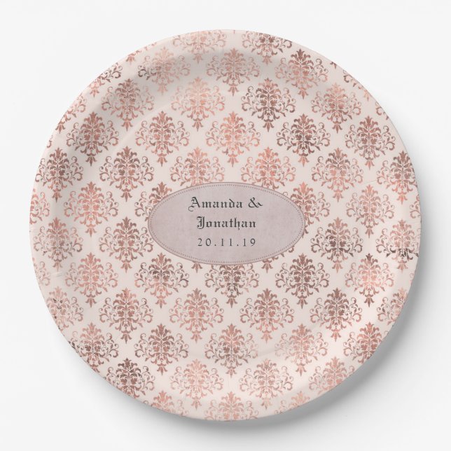 Prato De Papel Casamento em Dourado Rosa e Rosa Bege com Damask F (Frente)