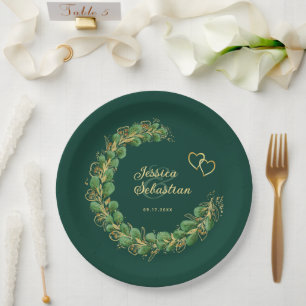 Prato De Papel Casamento Emerald Green e Dourado Eucalyptus Jewel