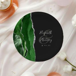 Prato De Papel Casamento Escuro de Prata Verde de Agate Geode Hun