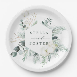 Prato De Papel Casamento Evergreen & Cotton com Hexágono Elegant