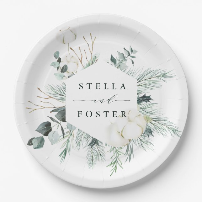 Prato De Papel Casamento Evergreen & Cotton com Hexágono Elegante (Frente)