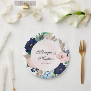 Prato De Papel Casamento Florais Elegantes de Azul Marinho e Rosa