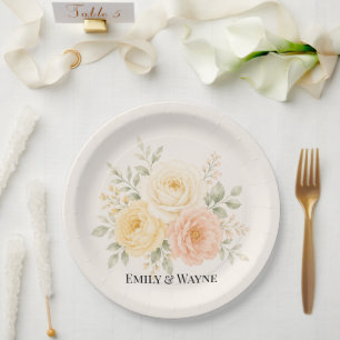 Prato De Papel Casamento Floral Amarelo Manteiga e Marfim