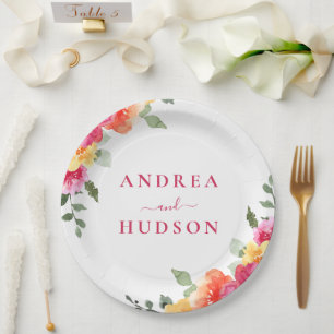 Prato De Papel Casamento Floral Aquarela Rosa Vibrante
