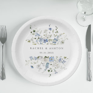 Prato De Papel Casamento Floral Azul Branco Verde Elegante