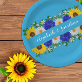 Prato De Papel Casamento Floral Azul de Verão