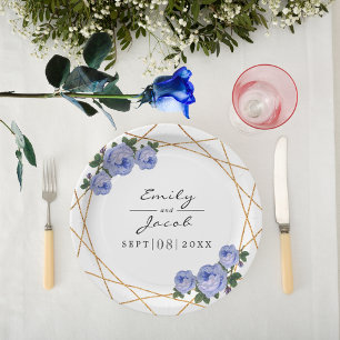 Prato De Papel Casamento Floral Azul Geométrico Dourado Elegante