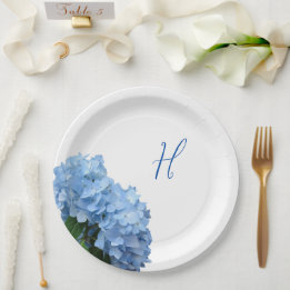 Prato De Papel Casamento Floral Azul Inicial Única