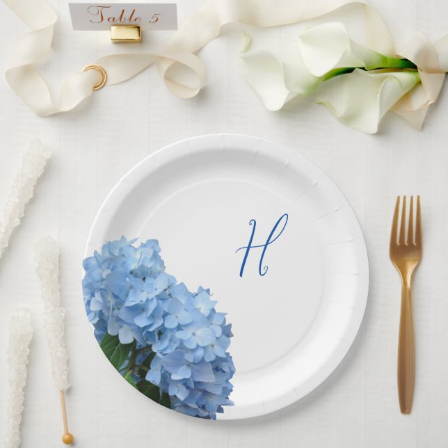 Prato De Papel Casamento Floral Azul Inicial Única  (Casamento)