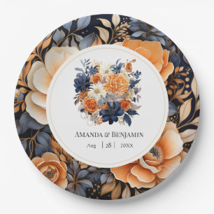 Prato De Papel Casamento Floral Azul Marinho, Laranja Queimada e 