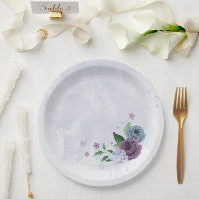 Prato De Papel Casamento floral azul roxo (Casamento)