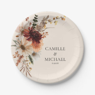 Prato De Papel Casamento Floral Boho Borgonha