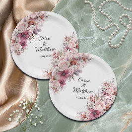 Prato De Papel Casamento Floral Boho Rosa Empoeirado