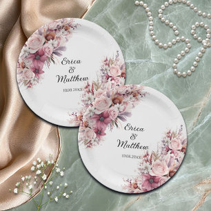 Prato De Papel Casamento Floral Boho Rosa Empoeirado 