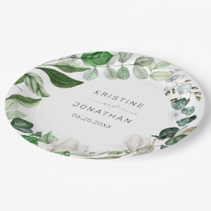 Prato De Papel Casamento Floral Branca de Sage Greenery Wreath