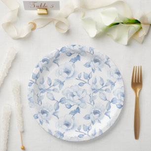 Prato De Papel Casamento Floral Branco Azul Chic