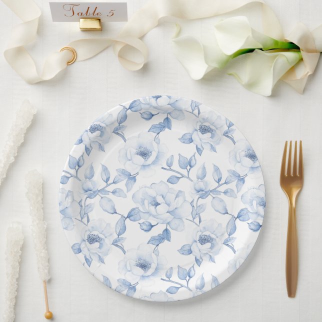 Prato De Papel Casamento Floral Branco Azul Chic (Casamento)