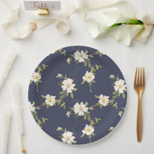 Prato De Papel Casamento Floral Branco Azul-Marinho Romântico