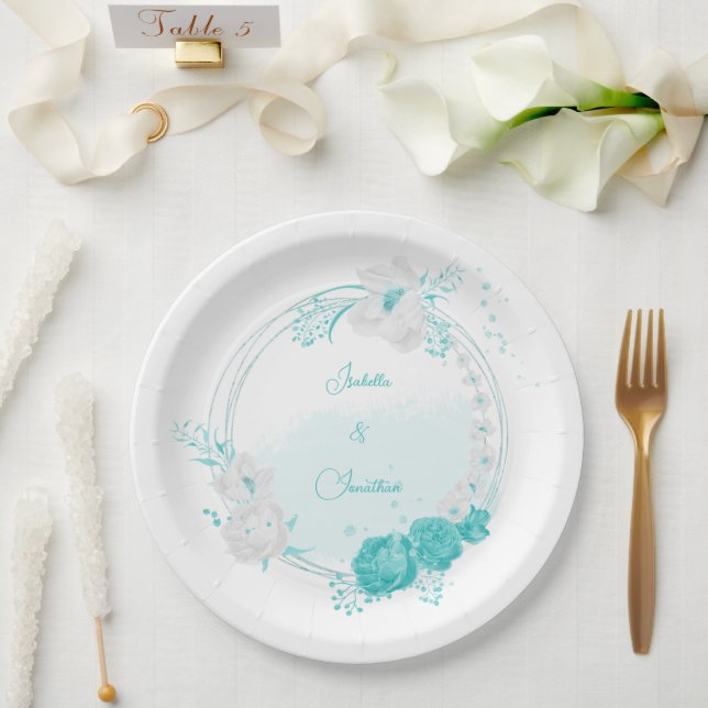 Prato De Papel casamento floral branco de turquesa (Casamento)