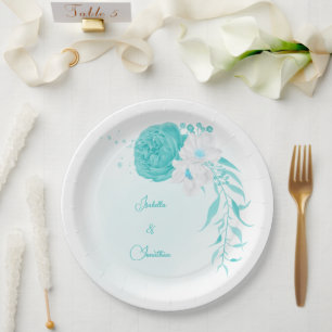 Prato De Papel casamento floral branco de turquesa