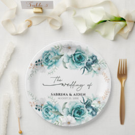 Prato De Papel Casamento Floral Branco Dusty Emerald Green