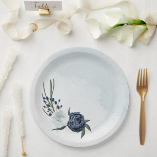 Prato De Papel casamento floral branco e azul
