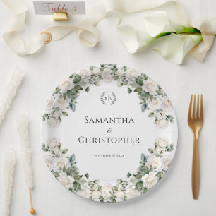 Prato De Papel Casamento Floral Branco e Verde