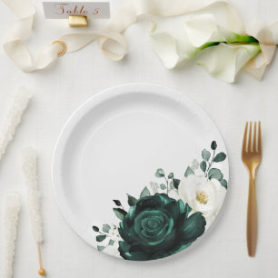 Prato De Papel Casamento Floral Branco Eucalyptus Emerald Greener