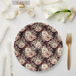 Prato De Papel Casamento Floral Burgundy Red Blush