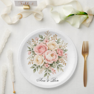 Prato De Papel Casamento Floral Champanhe Blush Salvia