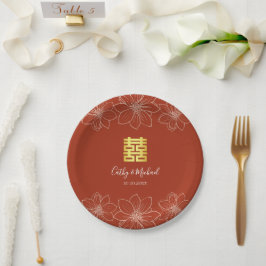 Prato De Papel Casamento floral chinês moderno boho vermelho