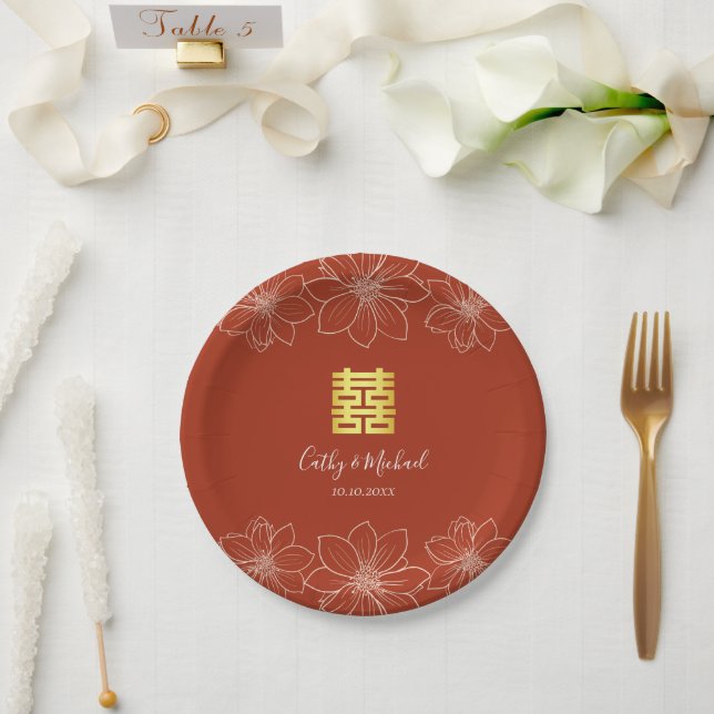 Prato De Papel Casamento floral chinês moderno boho vermelho (Casamento)