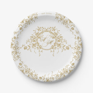 Prato De Papel Casamento Floral Clássico Elegante Dourado Elegant